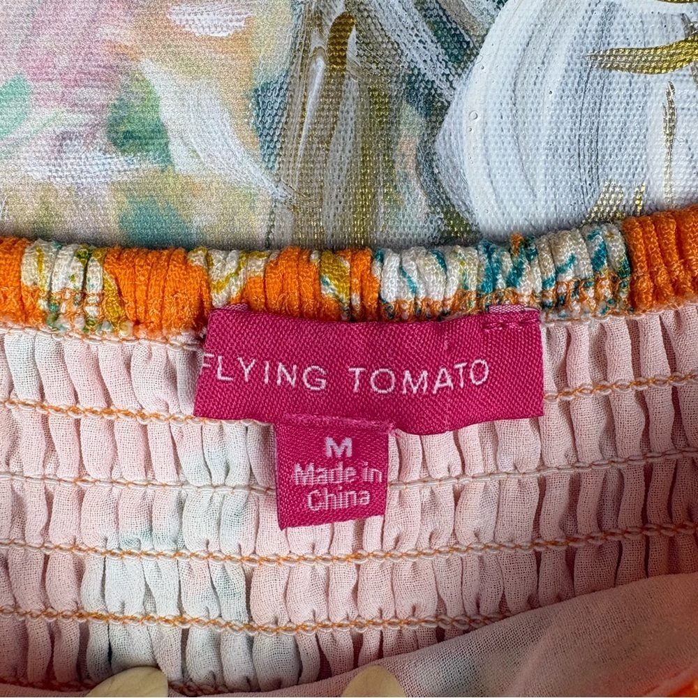 Flying Tomato Orange Floral Linen Off Shoulder Puff Sleeve Blouse M - Picture 5 of 7